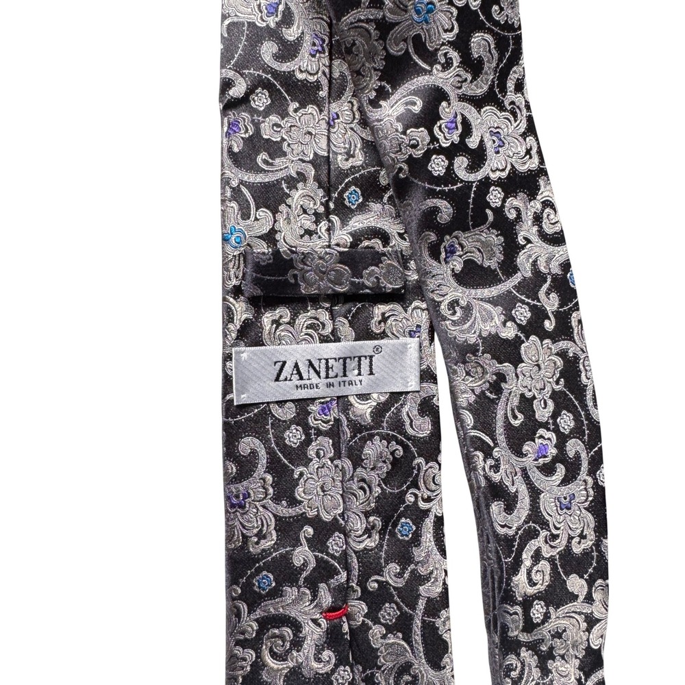 Zanetti Mens Silk Tie Charcoal Grey Silver Floral Paisley Jacquard Made in Italy